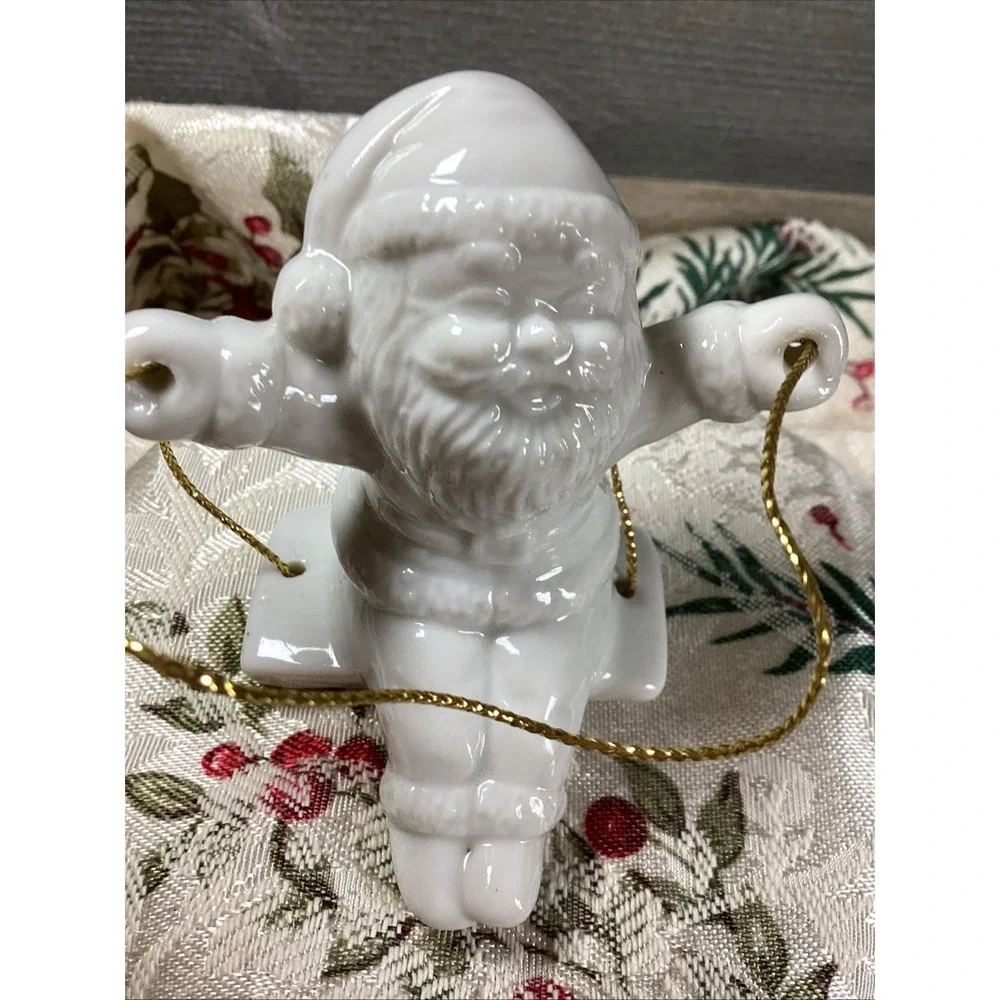 Vintage Midwest Importers Ceramic Santa Claus Ornament on Swing White 1980s